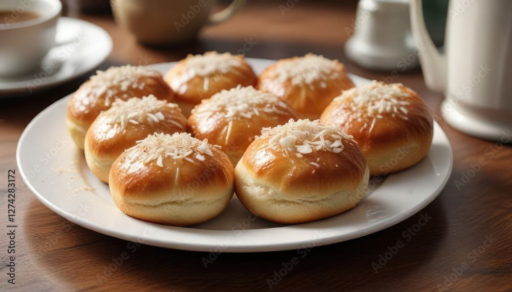 Detail shot of coconut jam bun pieces arranged on plate, freshly sliced, bakery display, sugary treat Detail shot of coconut jam bun pieces arranged on plate, freshly sliced, bakery display, sugary treat