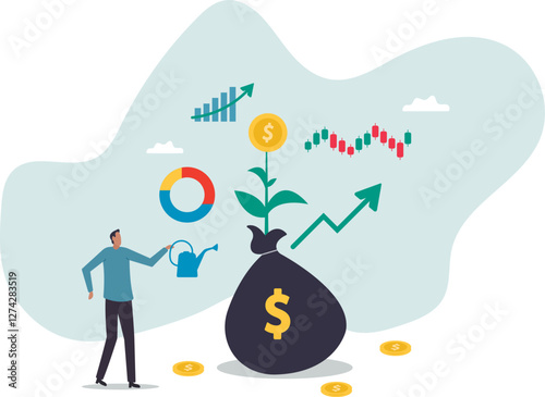 Investment growth, growing money to earn profit from savings, increase wealth from stock market or trading,business concept.flat character.