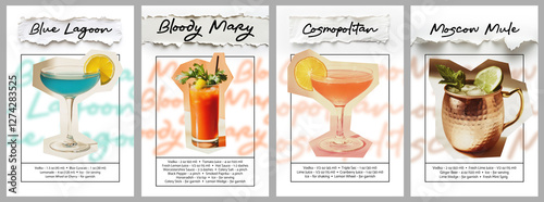 Wallpaper Mural Bloody Mary, Blue Lagoon, Cosmopolitan, Moscow Mule cocktails posters in elegant glass with garnish. Creative collage with torn paper effect, cut out photo and modern typography. Torontodigital.ca