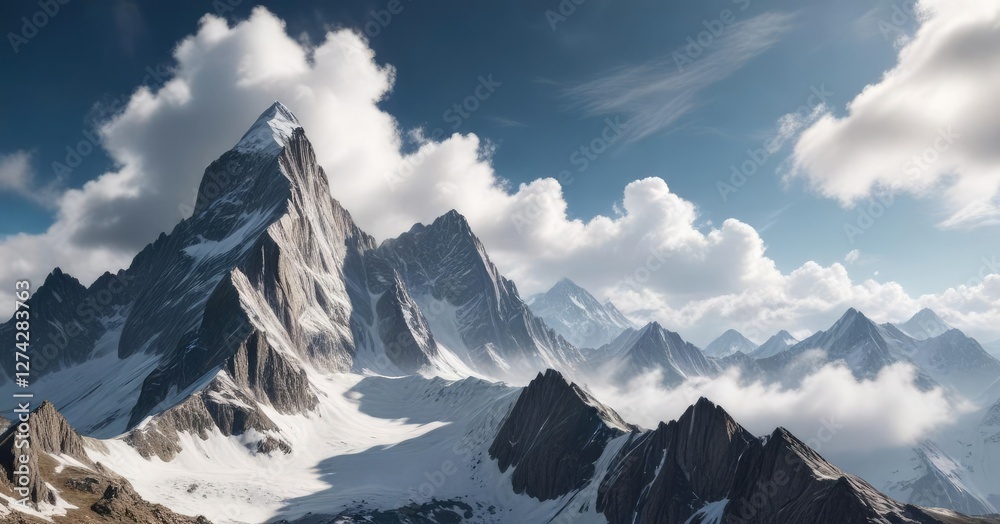 Fototapeta premium Dense white clouds drifting lazily above towering alpine peaks , wilderness area, mountainous terrain, alpine landscape