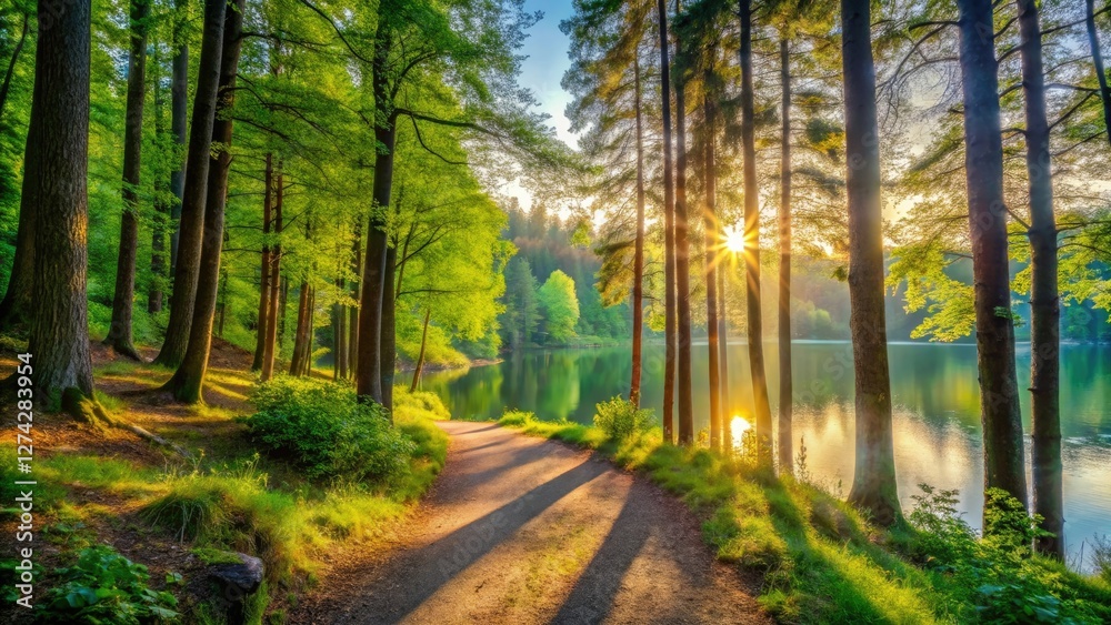 Fototapeta premium Dense forest trail surrounded by tall trees and vibrant green foliage leading to a serene lake at sunrise, nature, outdoor, sunrise
