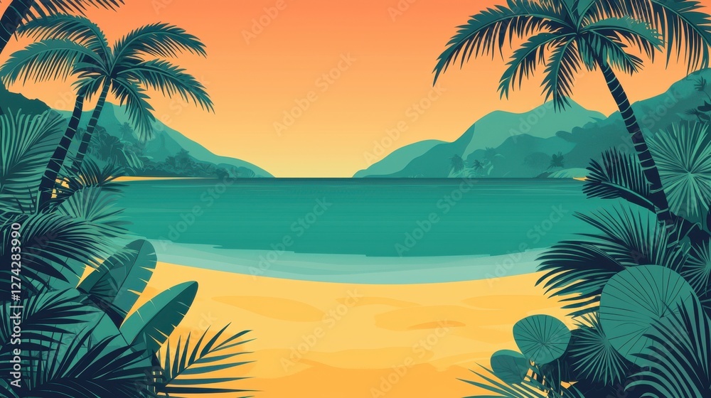 Fototapeta premium Serene Tropical Beach at Sunset with Lush Green Palms and Mountains