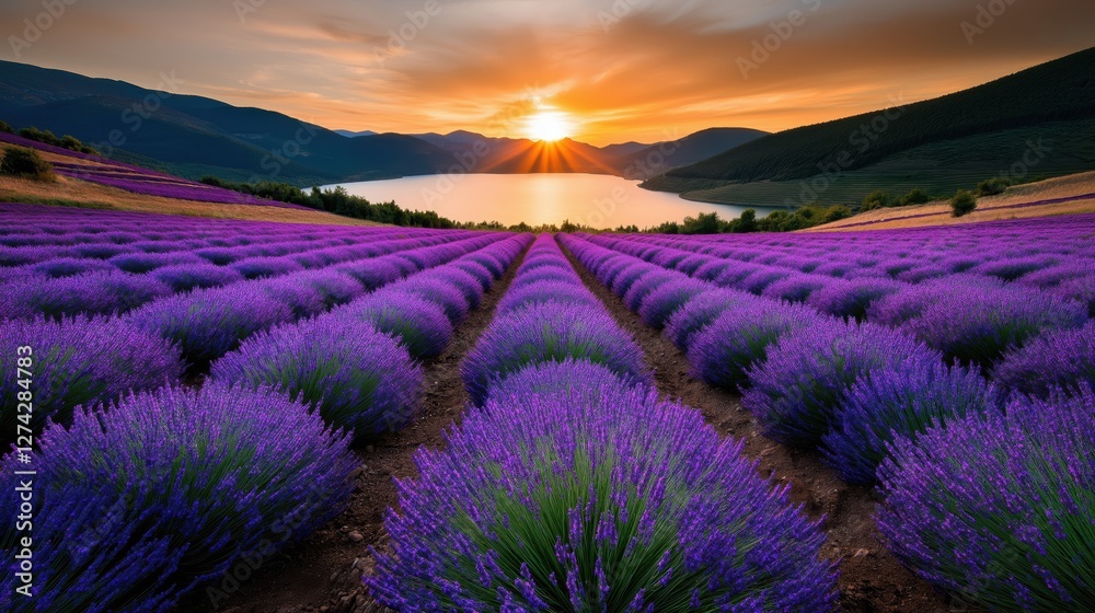 Fototapeta premium Vibrant lavender fields bloom at sunset overlooking tranquil waters and majestic mountains
