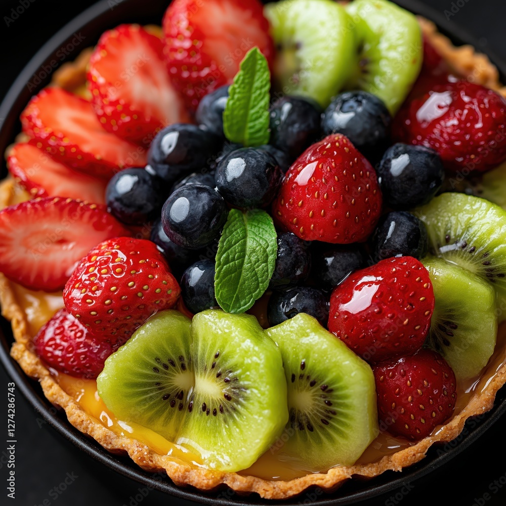 Obraz premium Colorful fruit tart topped with kiwi, strawberries, and blueberries arranged beautifully on a dessert table