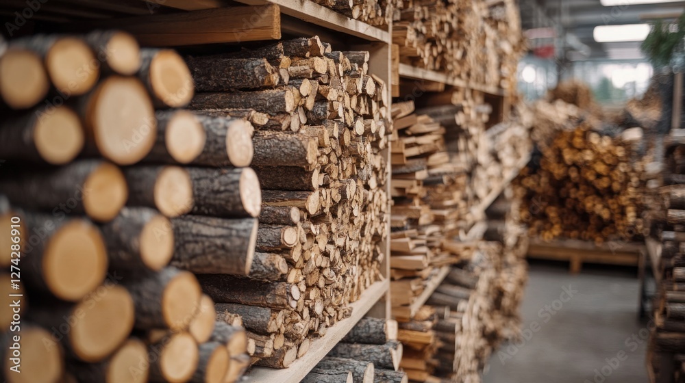 Stacks of neatly arranged firewood in a storage facility with a warm atmosphere and wooden texture Stacks of neatly arranged firewood in a storage facility with a warm atmosphere and wooden texture