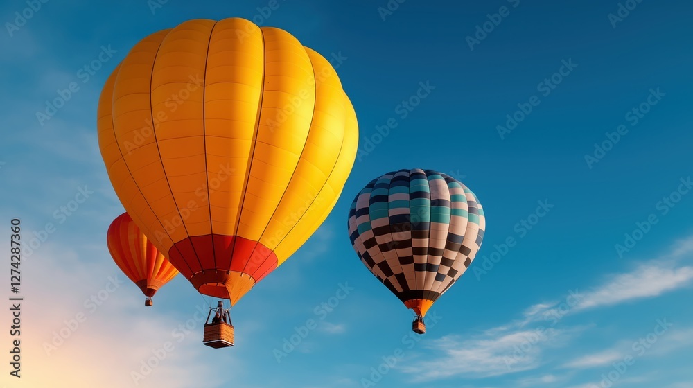 Naklejka premium Colorful hot air balloons gracefully ascend into a clear blue sky during a vibrant festival celebration