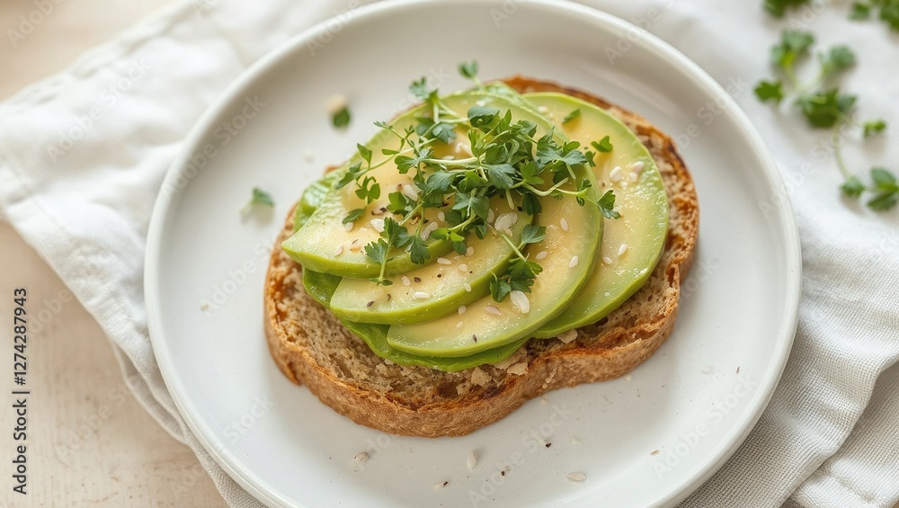 A beautifully styled avocado toast on whole-grain bread, topped with microgreens and sesame seeds. The plate rests on a neutral linen napkin with soft, natural lighting emphasizing the textures and co A beautifully styled avocado toast on whole-grain bread, topped with microgreens and sesame seeds. The plate rests on a neutral linen napkin with soft, natural lighting emphasizing the textures and co