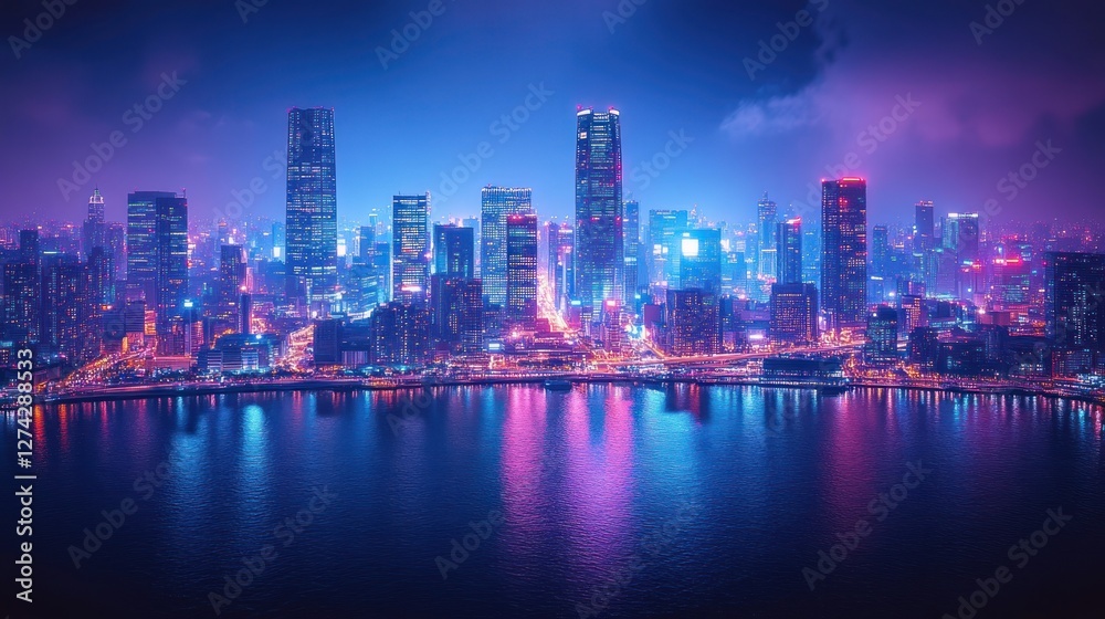 Fototapeta premium Vibrant city skyline at night with colorful lights reflecting on water, showcasing urban life