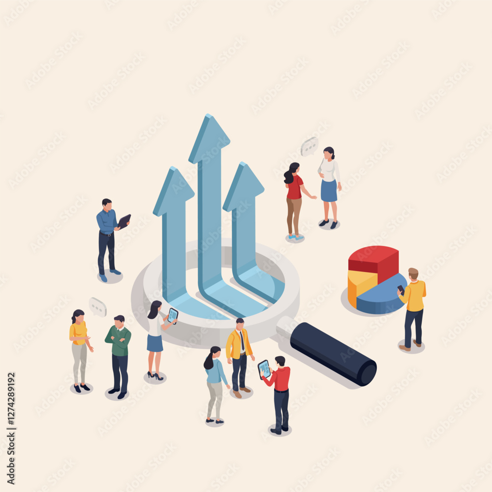 isometric vector business people working together with statistics data and magnifying glass with upward arrows, in color on light background, business progress analysis or teamwork isometric vector business people working together with statistics data and magnifying glass with upward arrows, in color on light background, business progress analysis or teamwork