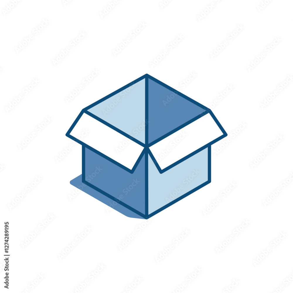 isometric vector linear icon of open box, in color on white background, parcel or package of postal item