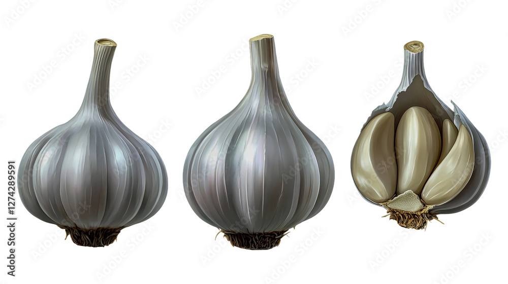 Obraz premium Garlic heads, one is whole and two of them are sliced in half, isolated on a transparent background.