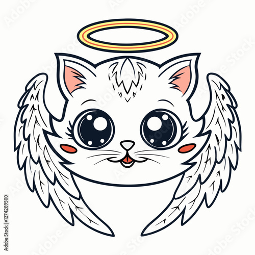 Angel Cat Face with Wings and Halo Vector Illustration

