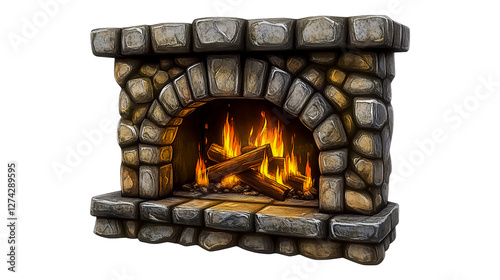 Game item, Hearthstone card art-style design of an outdoor stone fireplace, isolated on a transparent background.