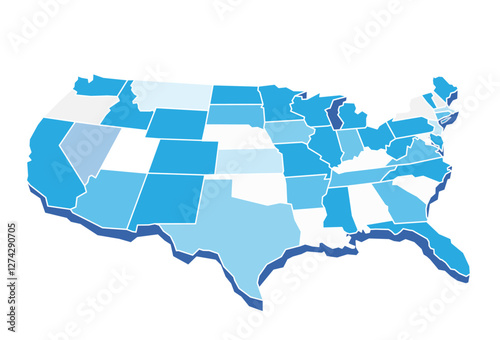 The vector illustration shows a 3D map of the United States with each state a different shade of blue.