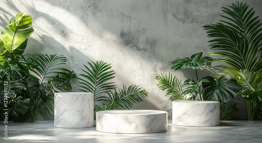 Tropical setting with white marble pedestals and lush green plants Tropical setting with white marble pedestals and lush green plants