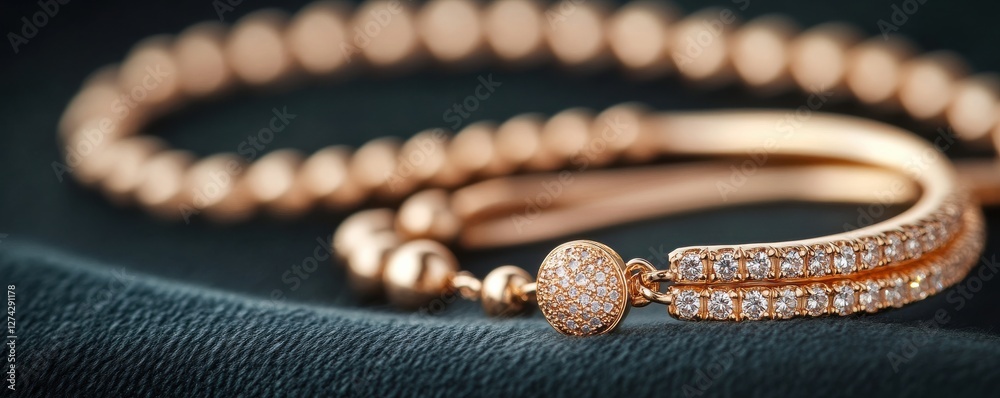 Fototapeta premium Elegant rose gold bracelet adorned with sparkling diamonds, elegantly displayed on a soft fabric background.