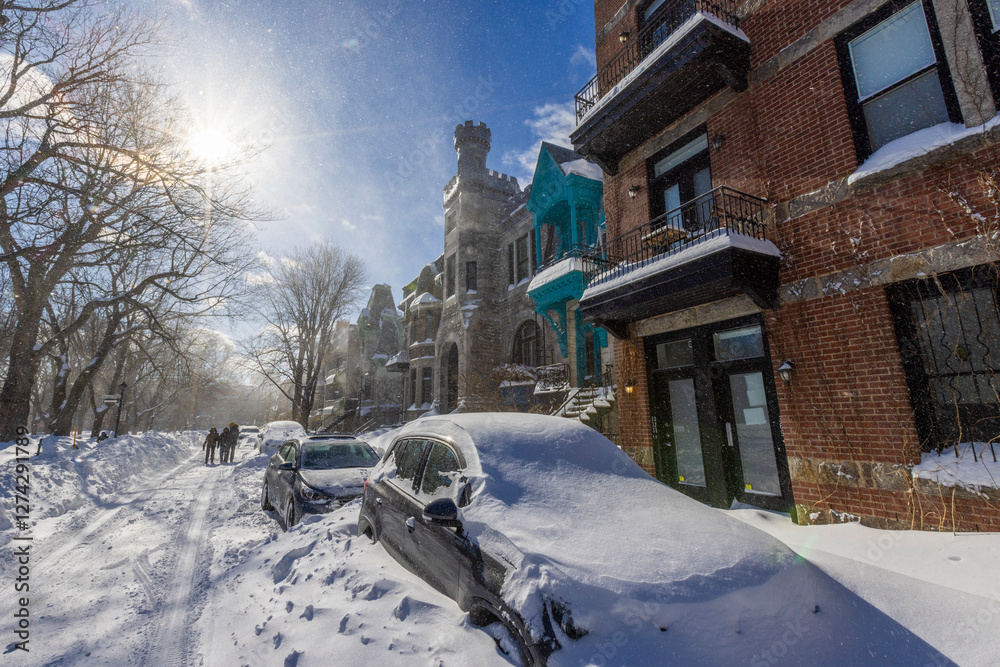Fototapeta premium Winter storm in Le Plateau-Mont-Royal , Montreal, Canada