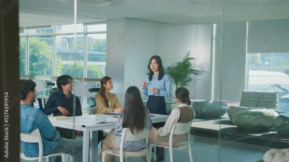 Confident Women leader discussing strategy meeting teamwork collaboration business growth analysis financial data presenting reports managing startup success corporate office people partnership