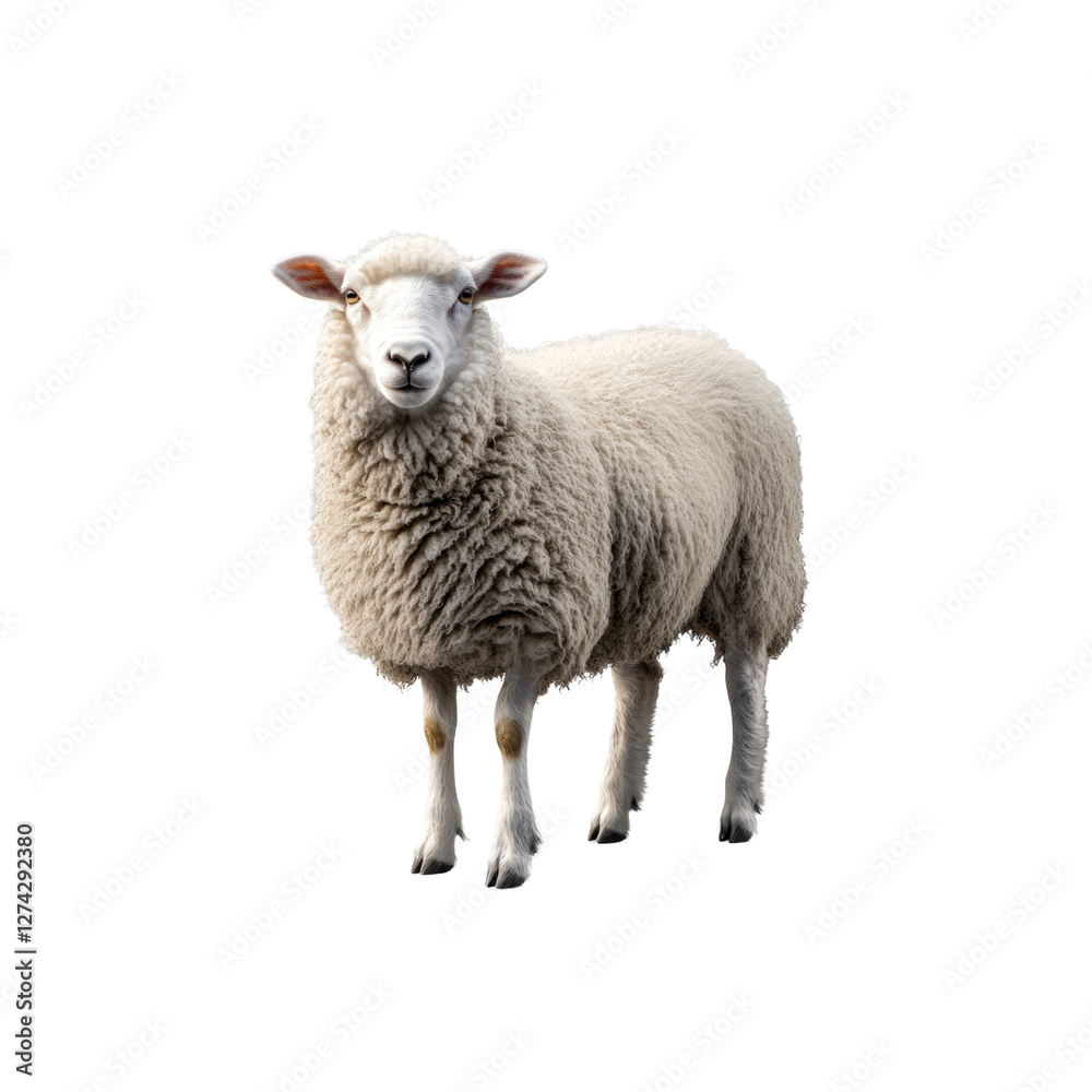 A fluffy white sheep standing in isolation on a transparent background, showing its woolly coat and innocent expression A fluffy white sheep standing in isolation on a transparent background, showing its woolly coat and innocent expression