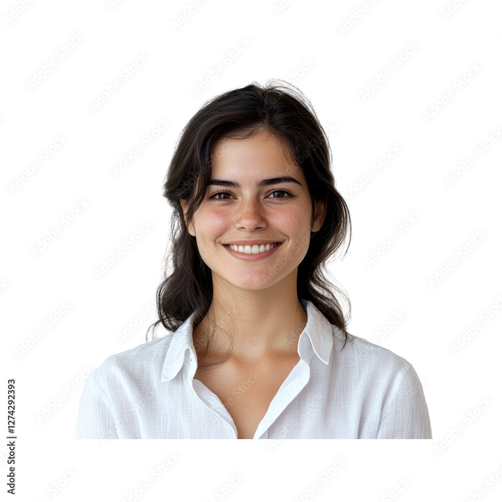 Portrait of a smiling young woman with dark hair in a white shirt, isolated on transparent background. Bright and cheerful expression Portrait of a smiling young woman with dark hair in a white shirt, isolated on transparent background. Bright and cheerful expression