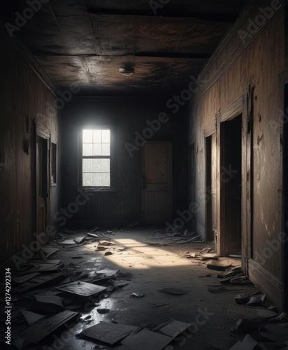 Dark and dusty interior of an abandoned house, musty smell, abandoned house
