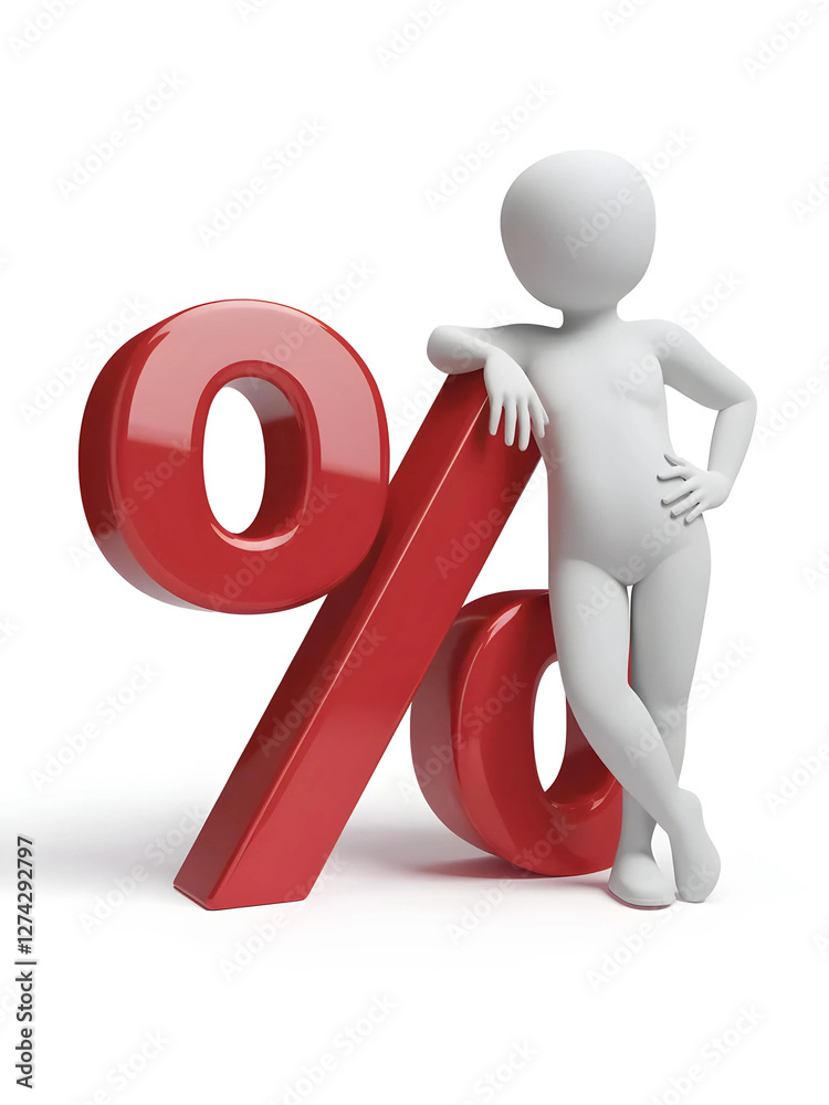 Discount Offer 3D Render of Person Leaning on Red Percentage Sign Discount Offer 3D Render of Person Leaning on Red Percentage Sign