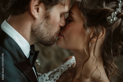 Couple, wedding and forehead kiss with vail for love, compassion or affection together in nature. Neural network ai generated