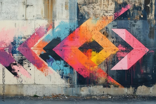 abstract street art featuring dynamic arrow design in vibrant spray paint colors against urban concrete wall photo