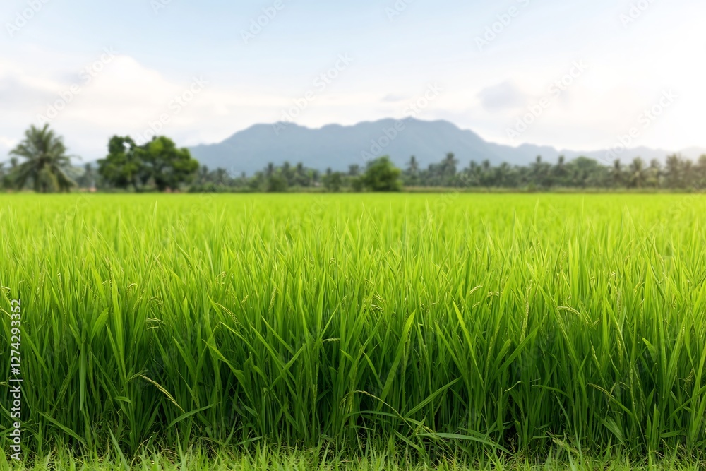 green rice field stretching to horizon, fresh farm view green rice field stretching to horizon, fresh farm view