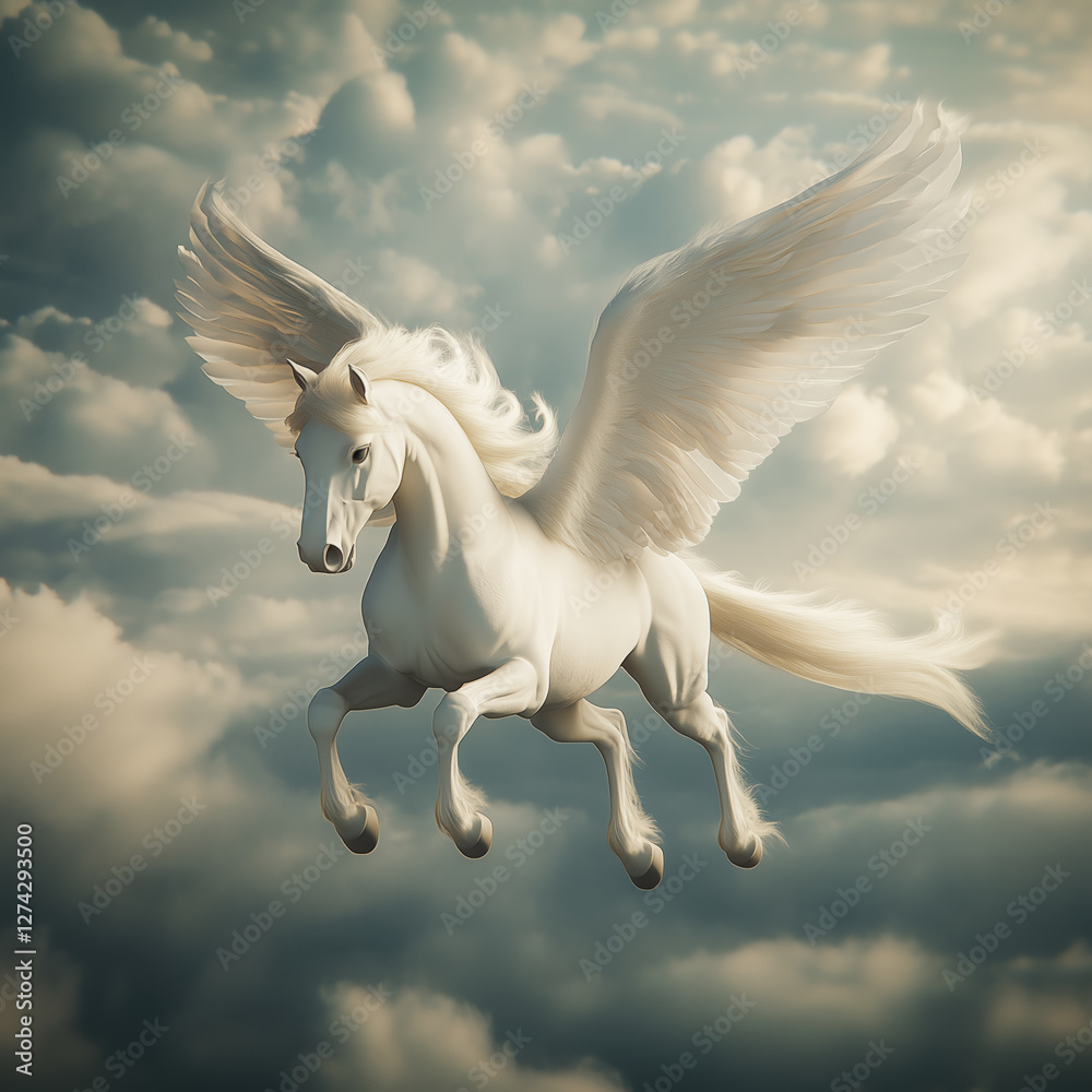 Majestic White Pegasus Flying Through Sunlit Clouds in a Dreamlike Sky Scene Majestic White Pegasus Flying Through Sunlit Clouds in a Dreamlike Sky Scene