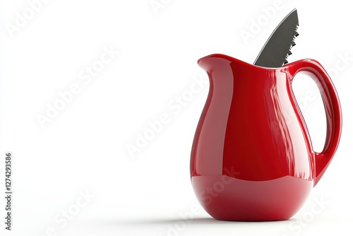 A striking red pitcher with a shiny knife nestled inside stands boldly against a white backdrop isolated on transparent background photo