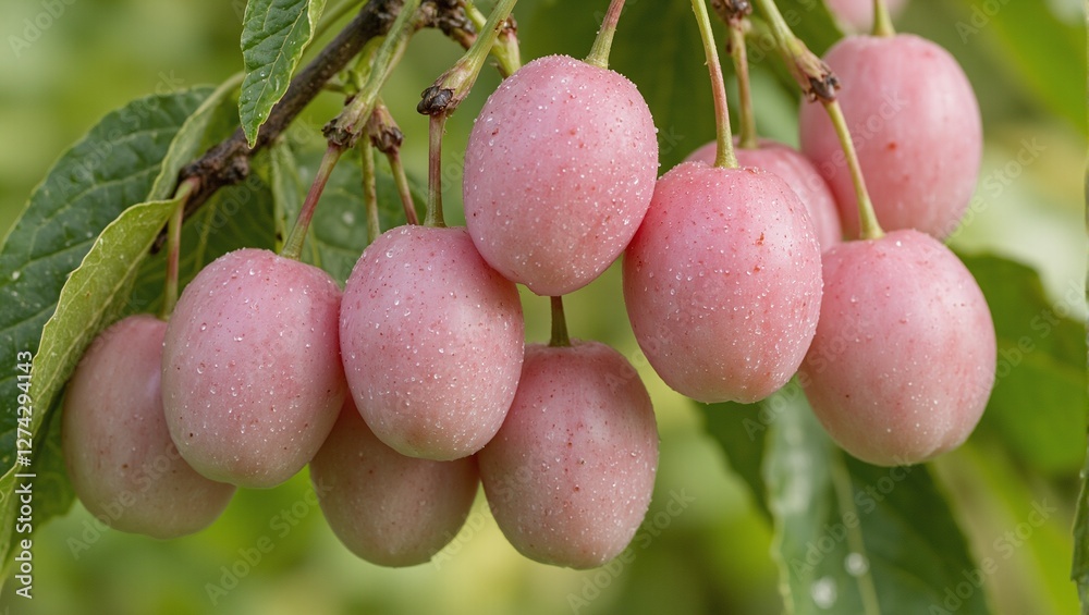 Fresh pink plums on dewy branches with green leaves Fresh pink plums on dewy branches with green leaves