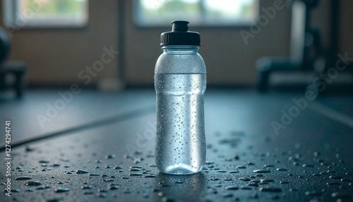 Water bottle with droplets on gym floor indoors photo