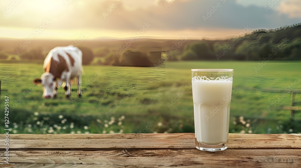 a glass of fresh milk on a wooden table against the silhouette of a dairy cow grazing on a green pasture in the blurred background a glass of fresh milk on a wooden table against the silhouette of a dairy cow grazing on a green pasture in the blurred background