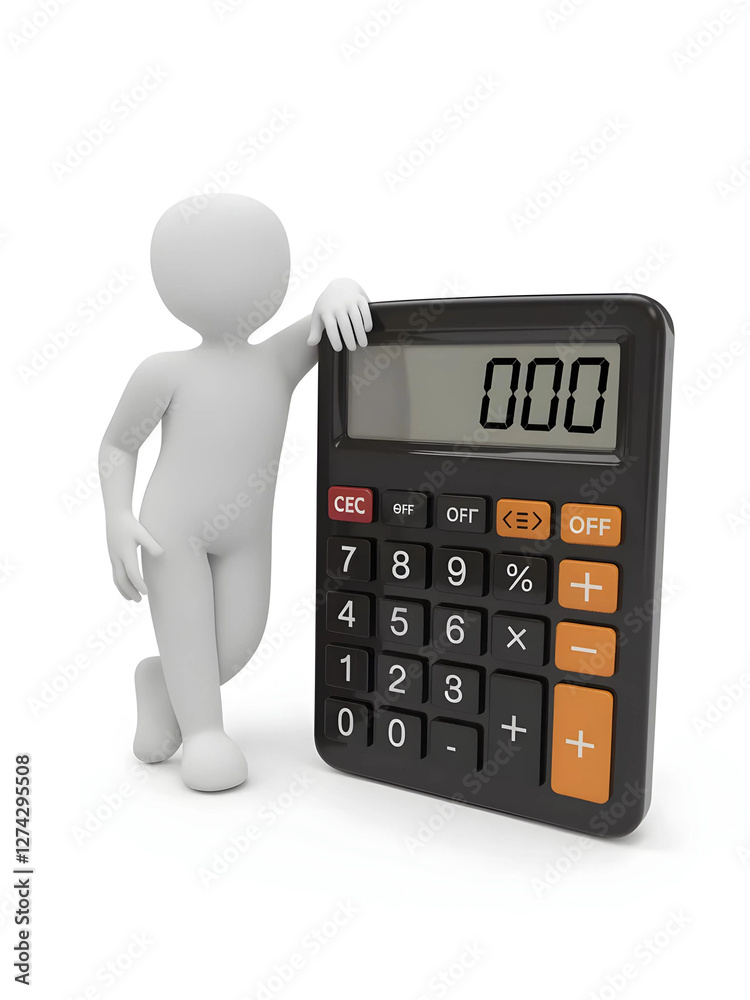 3D Render Person Leaning on a Calculator Showing Zero 3D Render Person Leaning on a Calculator Showing Zero