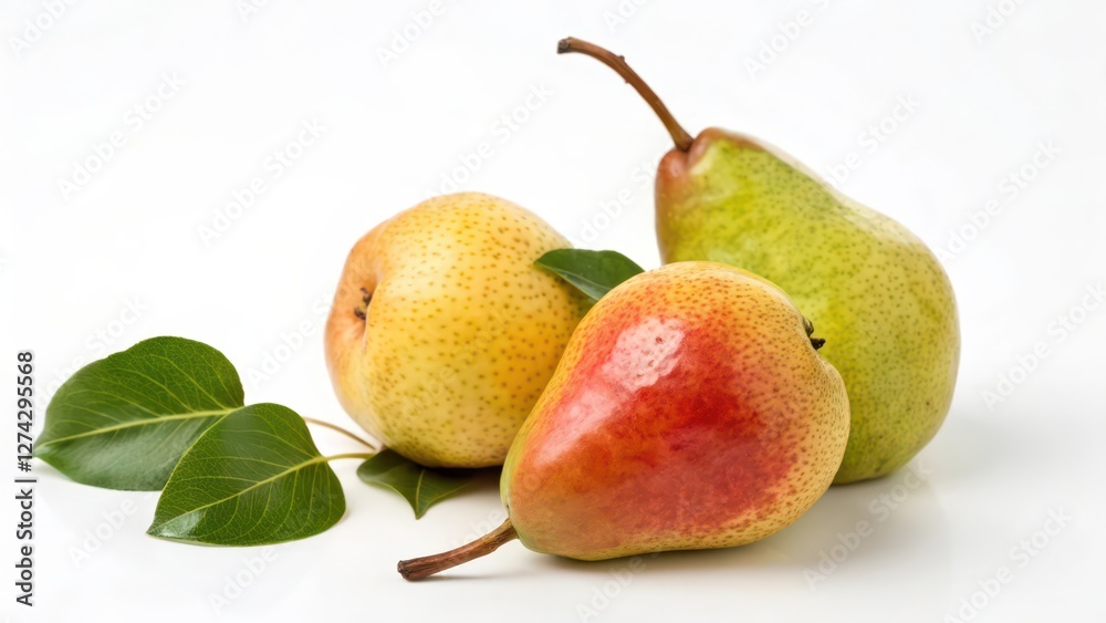 Three Pears with Leaves on White Background Three Pears with Leaves on White Background