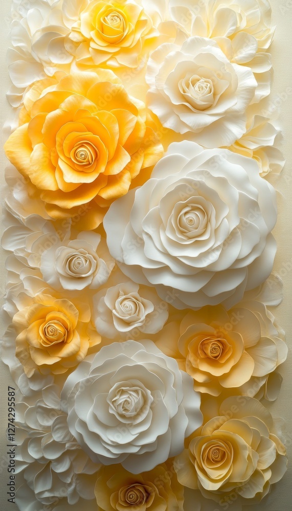 Obraz premium Elegant Floral Backdrop, 3D Paper Flowers in Yellow and White, Floral Wall Decoration