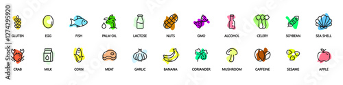 Natural Products Badges – Eco-Friendly, Allergen-Free, Vegan. No Soy, Transfats, Nut, Gluten, Corn, Dairy, Sugar, Paraben, Nitrates Outline Logo.