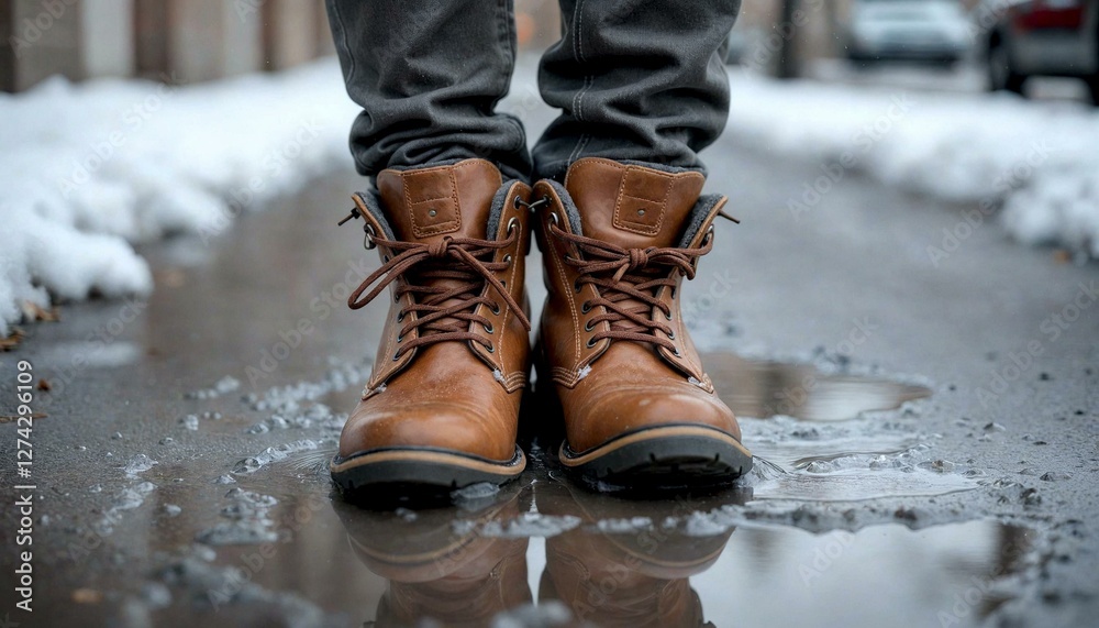 Brown boots standing on puddle with snow Brown boots standing on puddle with snow