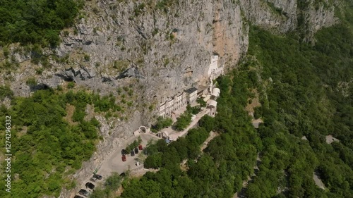 Drone view of Ostrog Monastery in the cliff high on the mountain in Montenegro