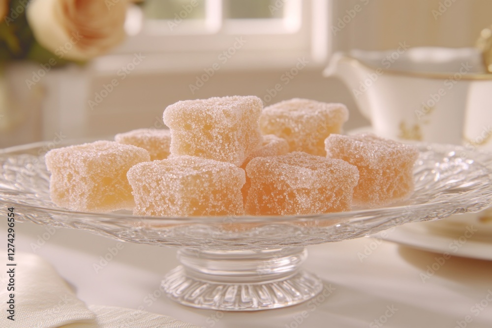 Peach Turkish Delight dessert on glass plate. Afternoon tea setting. Food photography Peach Turkish Delight dessert on glass plate. Afternoon tea setting. Food photography