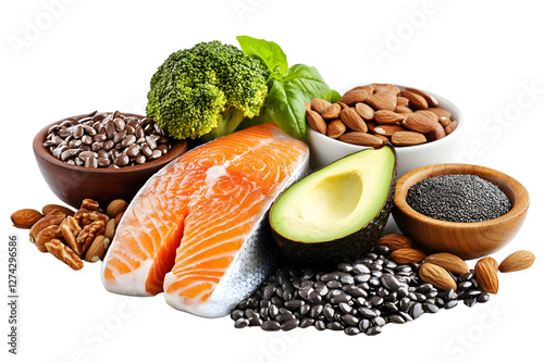 pile set of food rich in all types of omega 3 fats Isolated on white background.