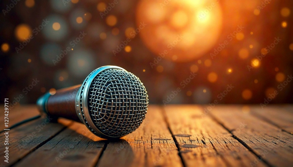 Obraz premium Microphone on Wooden Surface with Bokeh Background