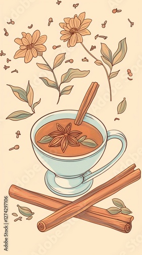 A steaming cup of spiced masala tea with cinnamon sticks and cardamom pods scattered around, vertical, illustration