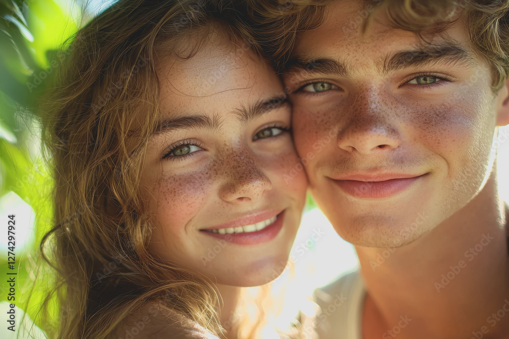 Fototapeta premium Young couple smiling and hugging together in a joyful moment of affection and love outdoors