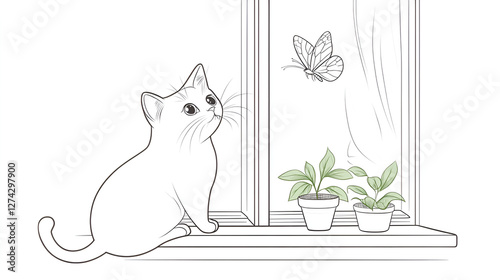 Line drawing of a curious cat watching a butterfly near potted plants by the window