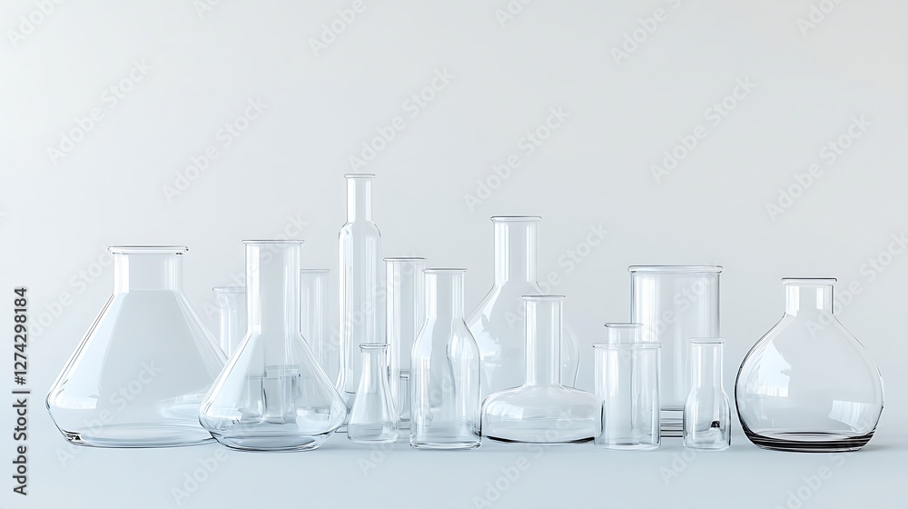 3D rendering of various glass laboratory equipment, white background, minimalistic style, high resolution, very detailed, hyper-realistic, highly detailed, high definition 3D rendering of various glass laboratory equipment, white background, minimalistic style, high resolution, very detailed, hyper-realistic, highly detailed, high definition