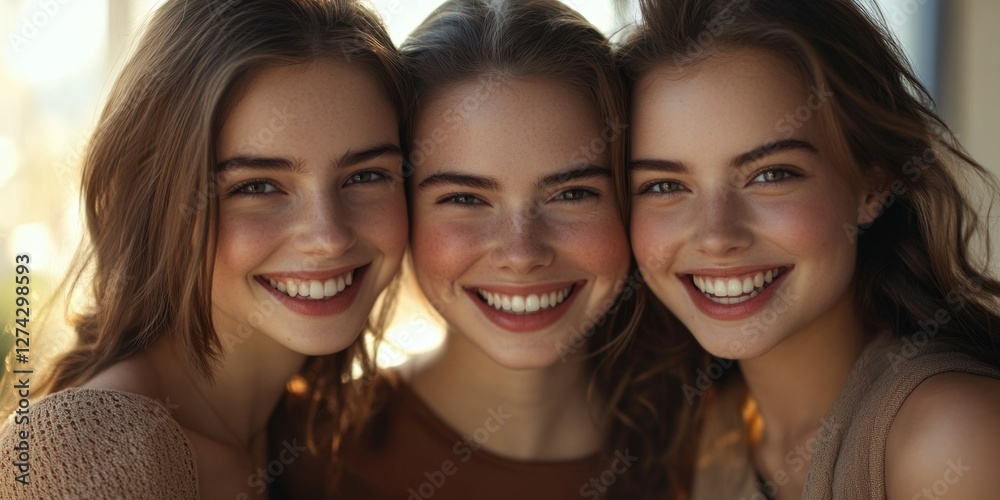 Fototapeta premium Two smiling women radiating youthful beauty and happiness.