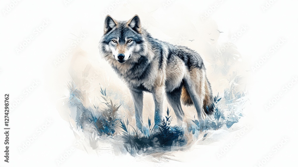 Naklejka premium A 3D retro-style wolf icon, meticulously sketched in a vintage hand-drawn aesthetic, high resolution, professional quality.