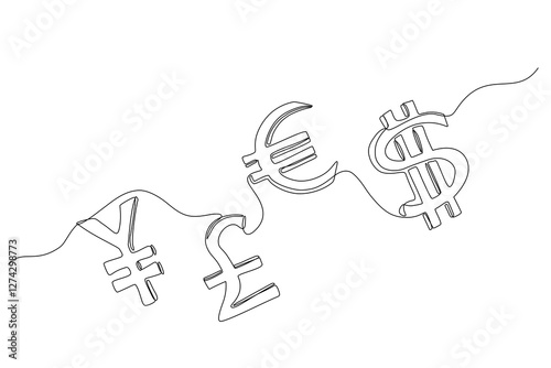 One-line drawing of global currency symbols (¥, £, €, $) connected by a fluctuating line, representing financial trends, exchange rates, and global economy concepts,Vector  illustration,Editable strok